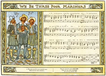 "We Be Three Poor Mariners", ilustrace písně z knihy "Pan-Pipes", A Book of Old Songs, Newly Arranged and with Accompaniments by Theo. Marzials, vydáno v Londýně nakladatelstvím George Routledge und Sons, 1884 (spoluautorství